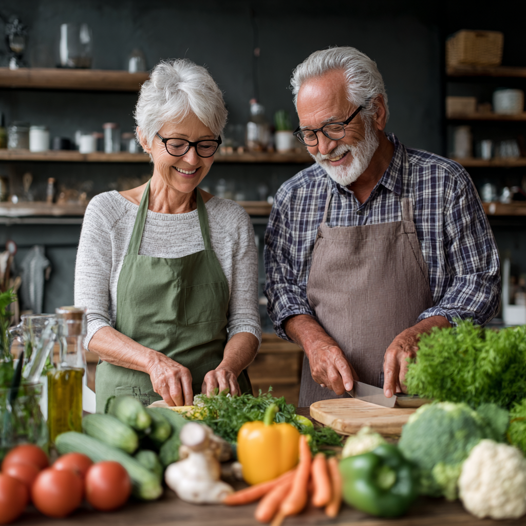 Mature adults enjoying healthy cooking and meal preparation with fresh vegetables