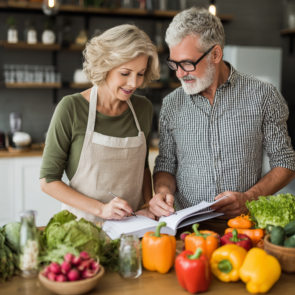 Middle-aged adults planning healthy meals with fresh ingredients and nutritional guides